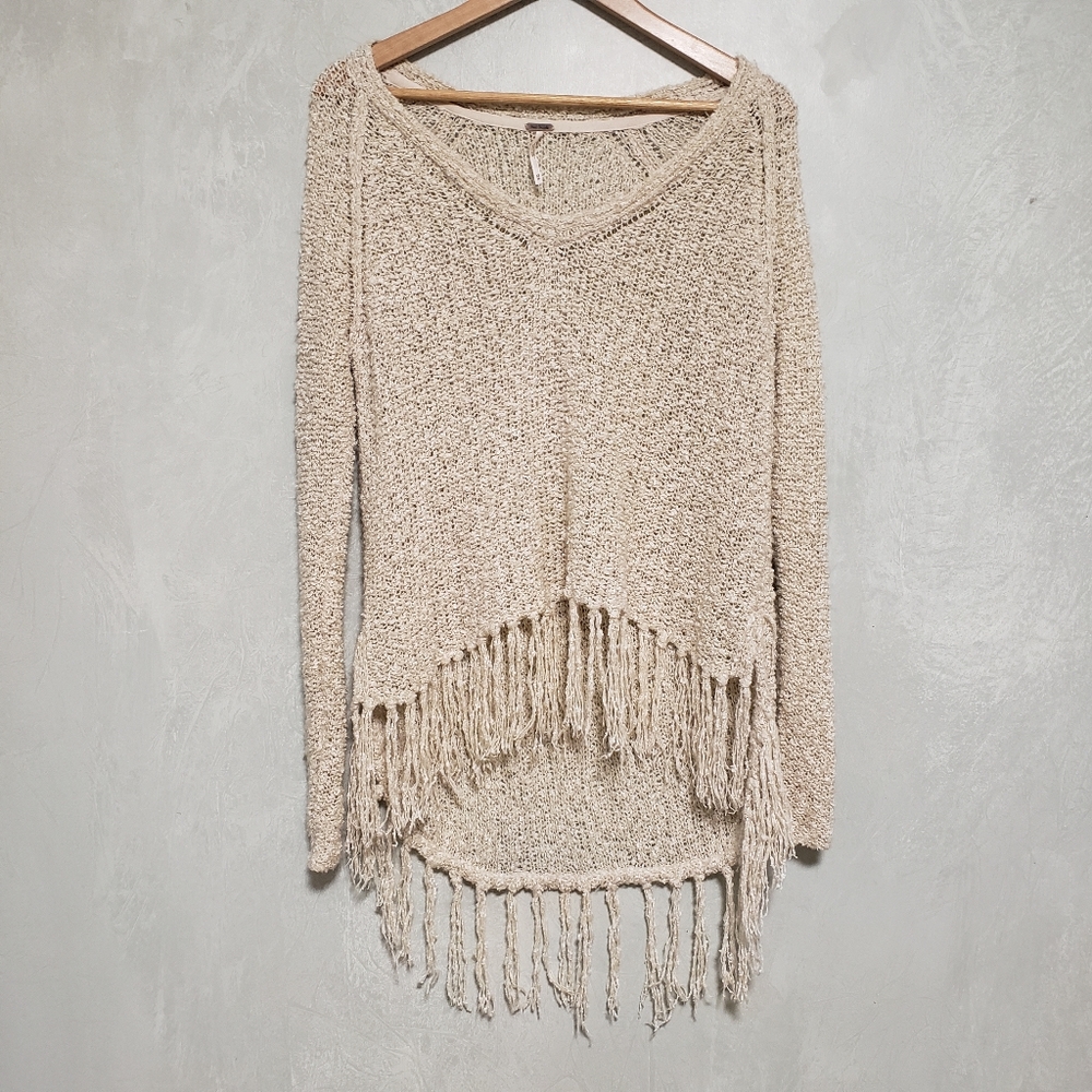 Free People Light Sand Tassel Fringe High Low Hem Pullover Knit Top Sweater